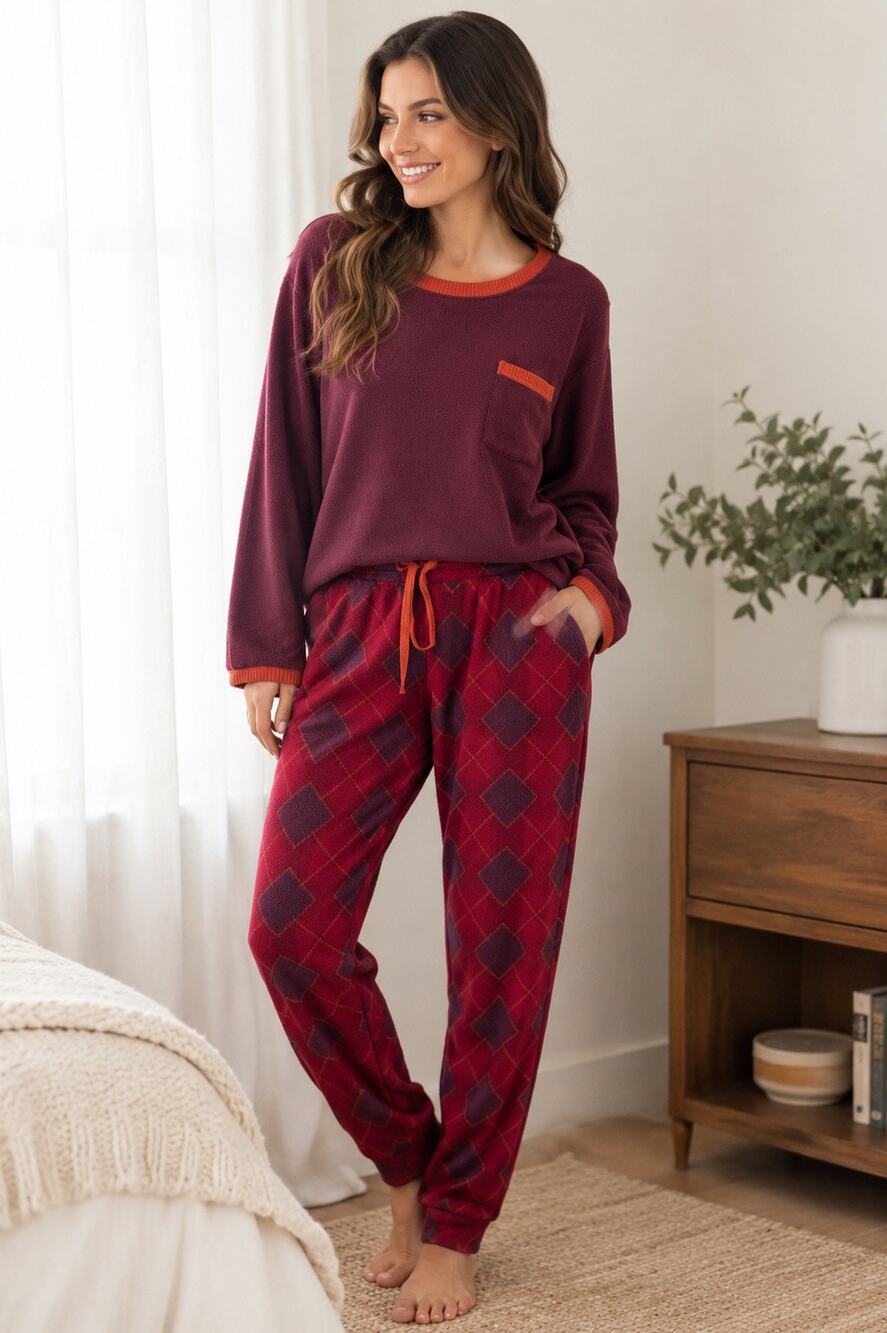 Cuddl Duds Burgundy Plaid 2 Piece Fleece Pajama Set Plus PL Cozy Warm Soft